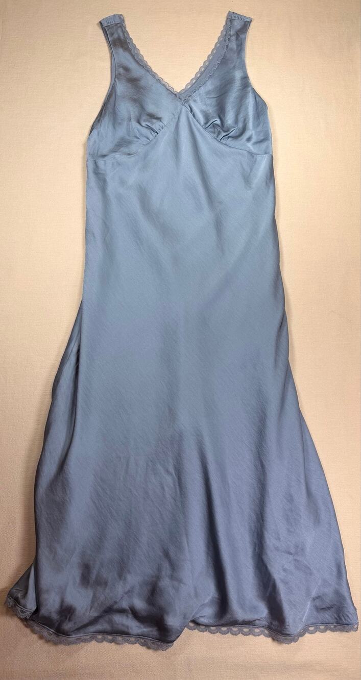 American Eagle Satin Slip Maxi Dress L Blue Lace Trim V Neck Y2K Romantic